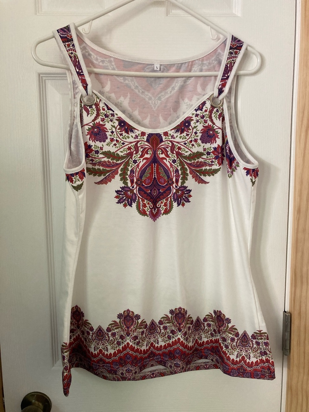 Women’s White Tank Top with Pink & Purple Paisley Print